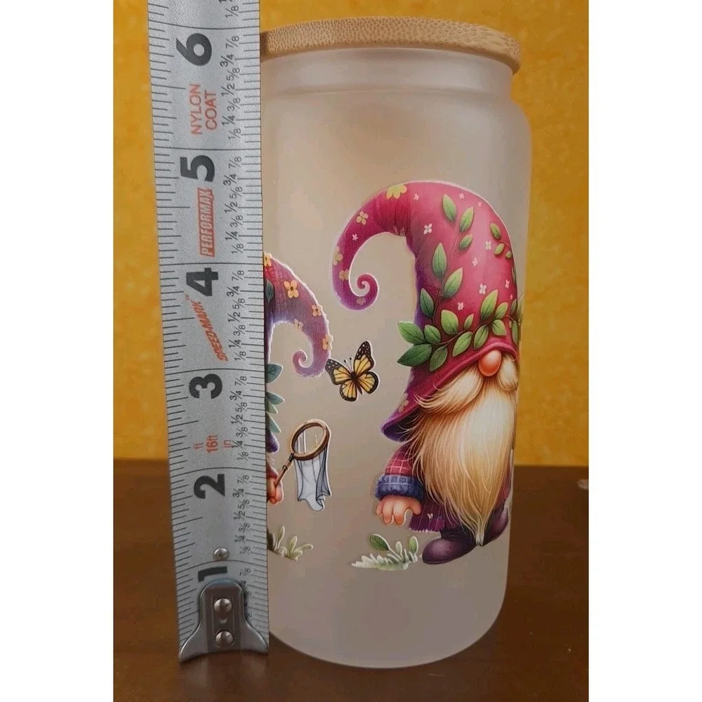 Gnomes Summer Catching Butterflies 12oz Frosted‎ Glass Tumbler With Straw